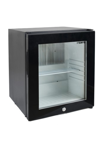 SARO Minibar mit Glastür, Modell MB 30 G - Material: (Gehäuse) Stahl pulverbeschichtet, schwarz; (Innenraum) Kunststoff, weiß; Glastür -