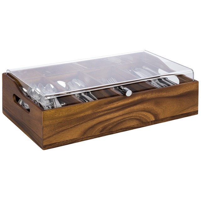 APS Besteckbehälter ACACIA mit 4 Fächern und mit Deckel, Material: Akazienholz, Acryl. Maß: 51 x 28 cm, H: 14,5 cm.