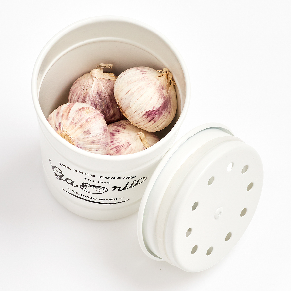 Vorratsdose, Metall, Ø7,4-9,3x12 cm. Farbe: weiß Knoblauch sorgt bei vielen Speisen für das gewisse Etwas und sollte in keinem Haushalt