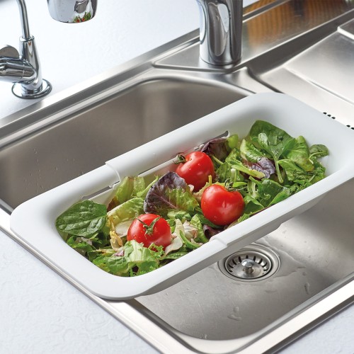 Spülbeckensieb, ausziehbar, Kunststoff, weiß. Länge: 360 mm. Breite: 200 mm. Höhe: 77 mm