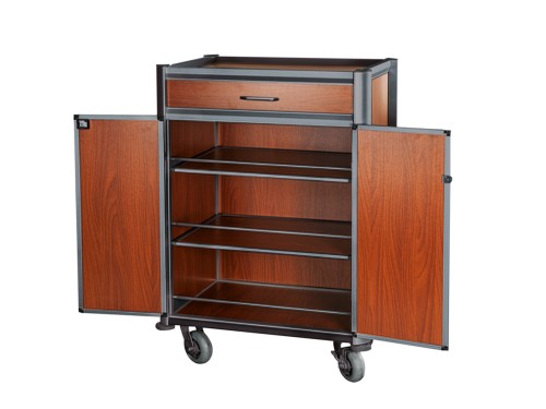 Minibarversorgungswagen. schwarze Kantenprofile und dunkle Holzoptik. Kantenprofile aus