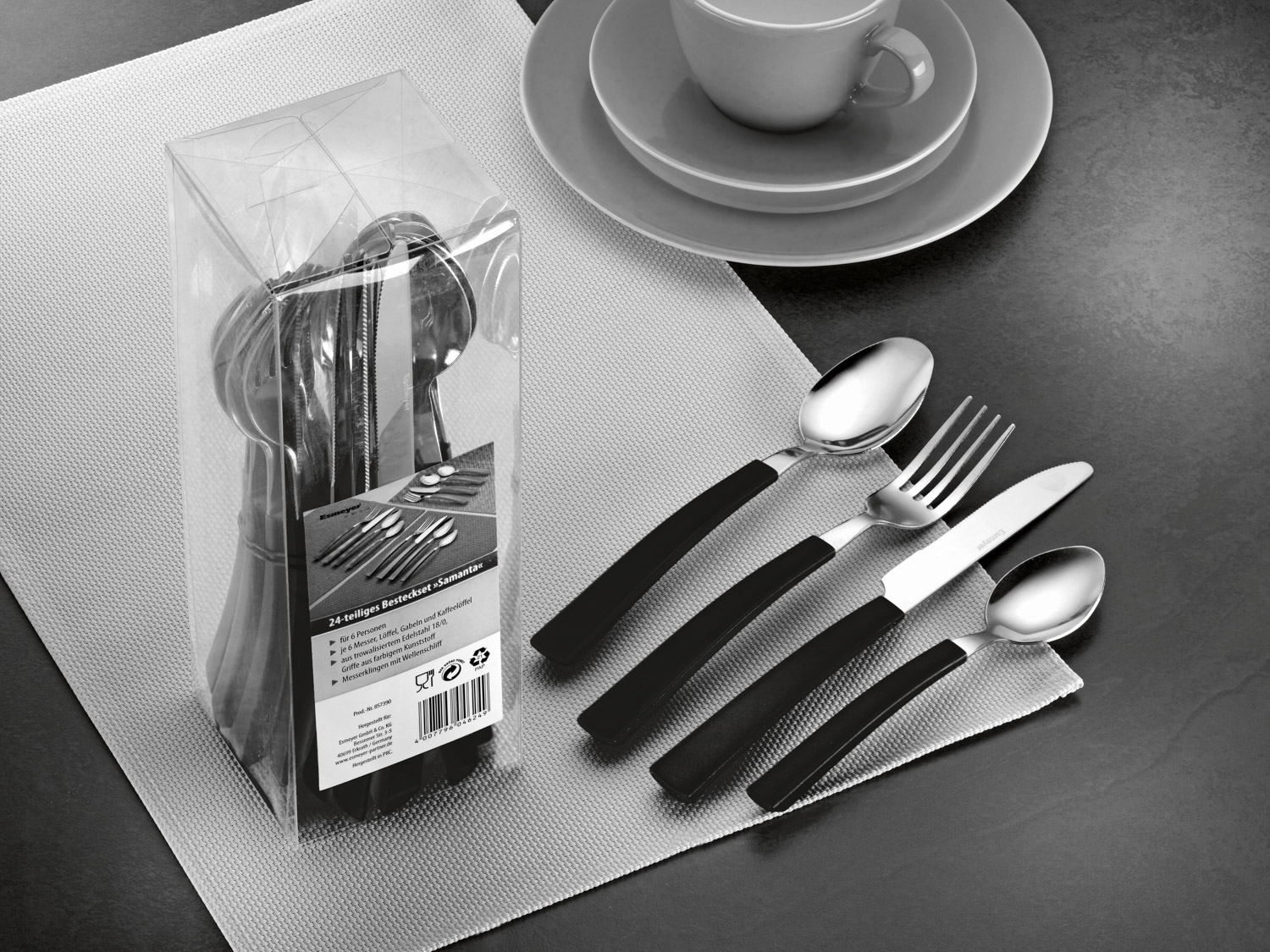 24-teiliges Besteck SAMANTA, schwarz aus Edelstahl 18/0, trowalsiiert. Messer aus Klingenstahl.