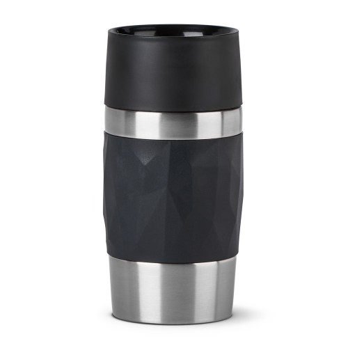 Emsa TRAVEL MUG COMPACT Isolierbecher 0,3 Liter, in der Farbe Schwarz, aus Edelstahl,Auslaufsicher, mit Soft Touch Manschette und Drehverschluss,