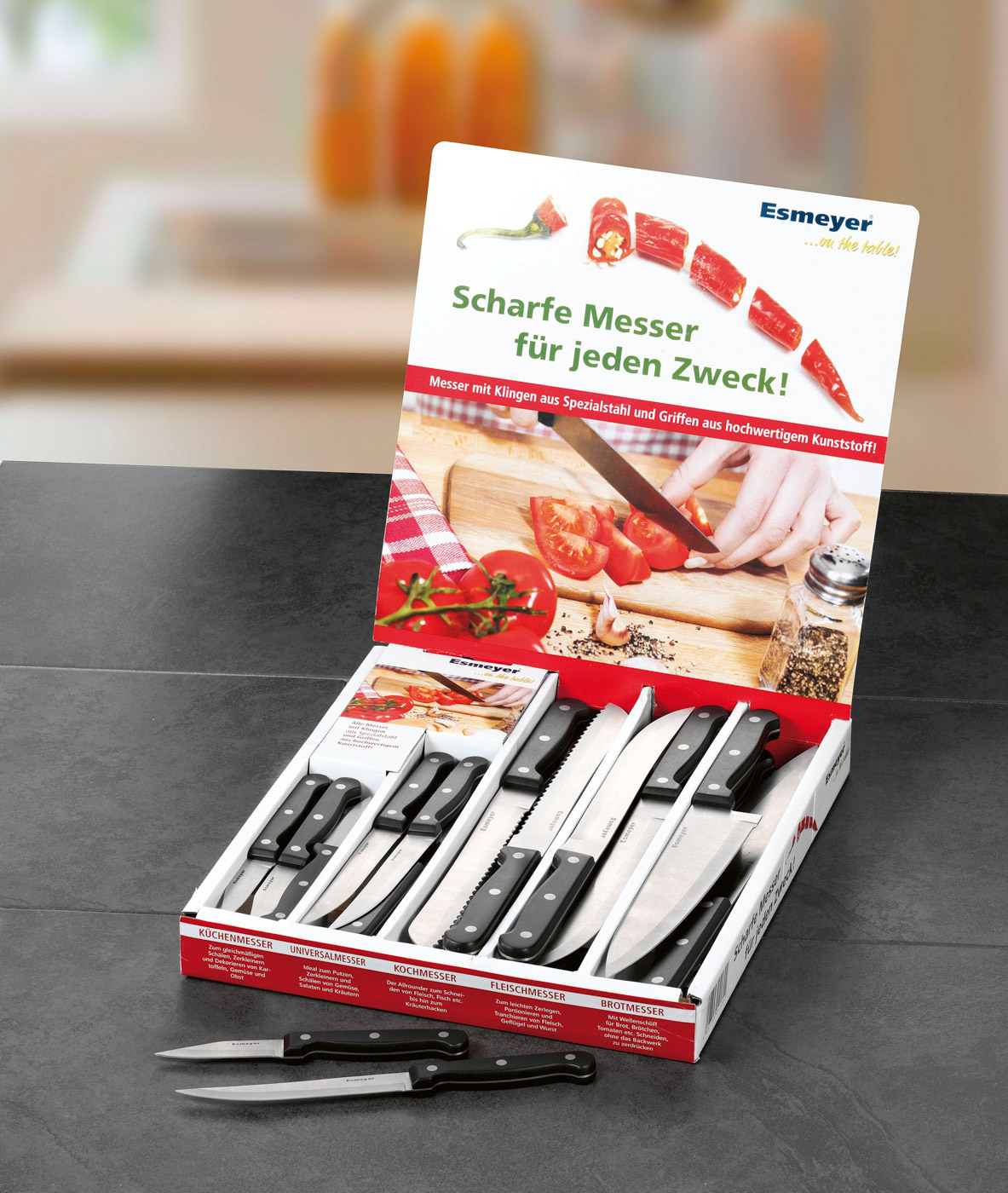 30-teiliges Messerdisplay SATELLITE "SPARSET" Klingen aus Spezialstahl, mit durchgehendem Erl, Griffe aus schwarzem POM-Kunststoff,