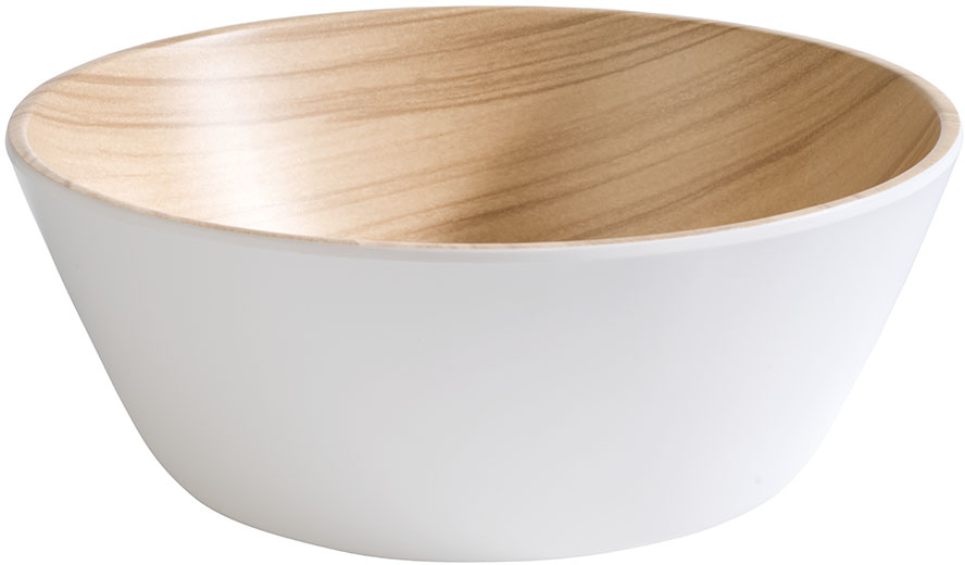 Schale -FRIDA- Ø 20 cm, H: 7,5 cm Melamin innen: Holzoptik außen: weiß 1,2 Liter spülmaschinengeeignet stapelbar nicht