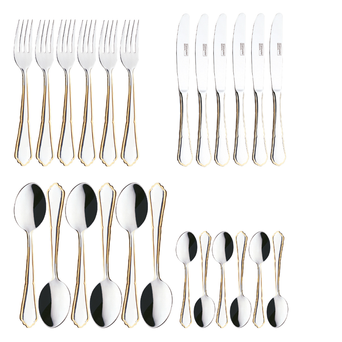 24-teiliges Besteck Chippendale, aus Edelstahl 18/0, Messer aus Klingenstahl, poliert und dekorvergoldet.