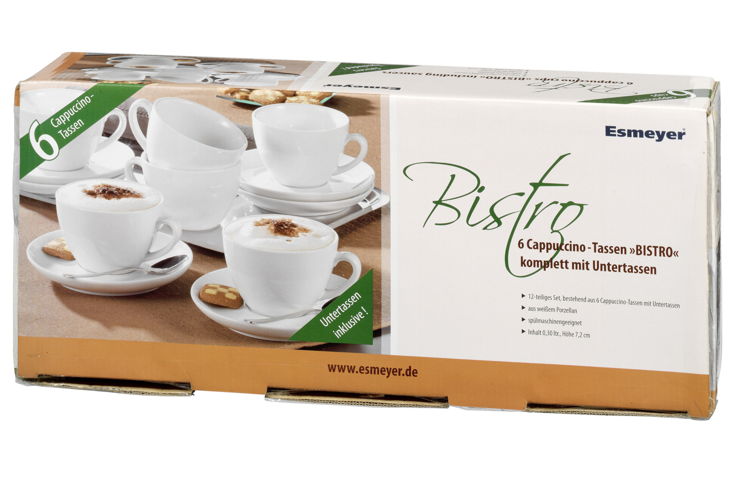 Cappuccino-Tasse BISTRO, Inhalt 0,30 ltr., mit Untertasse, Porzellan, UNI WEISS, Henkelform rund, Höhe: 7,2 cm.