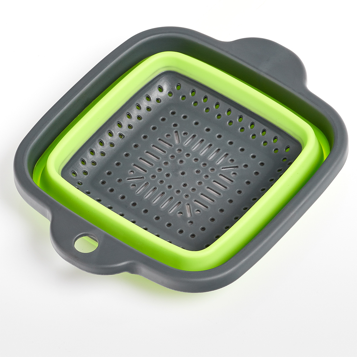 Falt-Sieb, PP/TPR, 21,9x18x2,8/7,9 cm. Farbe: anthrazit/grün. Nicht nur der Farbmix des Faltsiebs bringt gute Laune in die Küche! Der