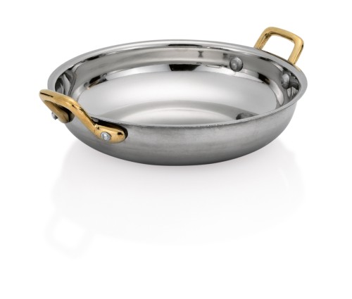 Servierschale. Chromnickelstahl. Seitengriffe aus Messing.