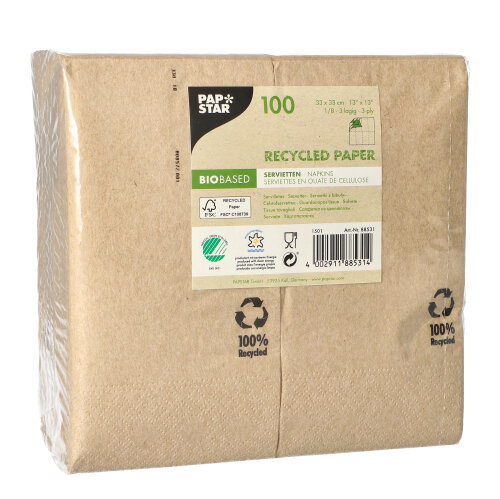 100 Servietten, 3-lagig 1/8-Falz 33 cm x 33 cm natur aus recyceltem Papier von PAPSTAR