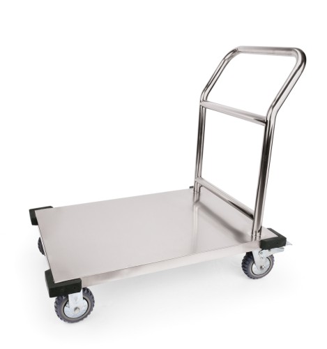 Plattformwagen. Edelstahl. 4 Rollen, davon 2 schwenkbar mit Feststeller, Ecken mit
