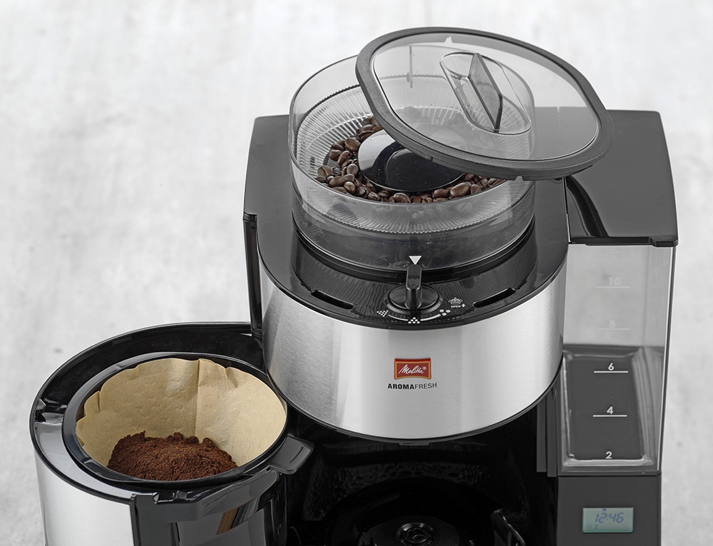 Kaffeemaschine AromaFresh für Kaffeebohnen ODER Filterkaffee von Melitta. Integriertes Mahlwerk nach Belieben zu- oder abschaltbar.