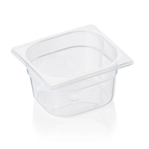 GN 1/6 Behälter, BPA frei, Deckel fest schließend, Behälter und Deckel können mit HACCP Clips farbig markiert werden, mit Skalierung.