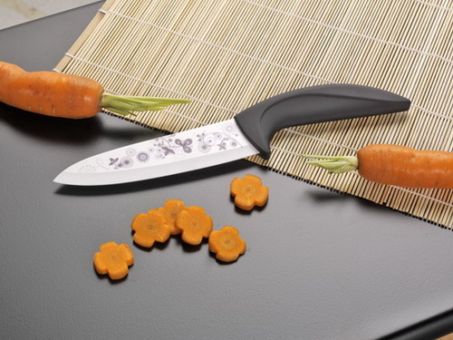 Chef Keramikmesser mit weißer Klinge Klinge ca. 15,0 cm bedruckt, Motiv: LILAC im Geschenkkarton mit Schaumstoffeinlage