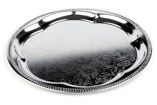 Partyplatte, rund Ø 35 cm, Metall vernickelt und glanzverchromt Innenfläche ziseliert Rand eingerollt nicht