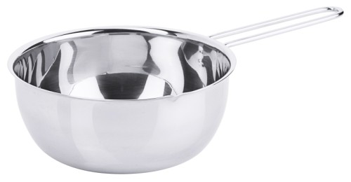 Butterpfännchen aus Edelstahl 18/10, hochglänzend, mit Ausgussschnaupe und stabilem Drahtgriff (Ø 4 mm), konkaver Boden um dem