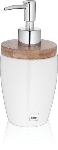 Kela Seifenspender Natura Keramik weiß 17,5cm 8cmØ Edler Chic: der Seifenspender NATURA aus glänzender Keramik, Edelstahl und Bambus. Mit