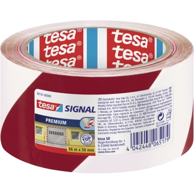 tesa® Signalklebeband Premium 50 mm x 66 m (B x L) Naturkautschuk rot/weiß, Maße: 50 mm x 66 m (B x L), Dicke der