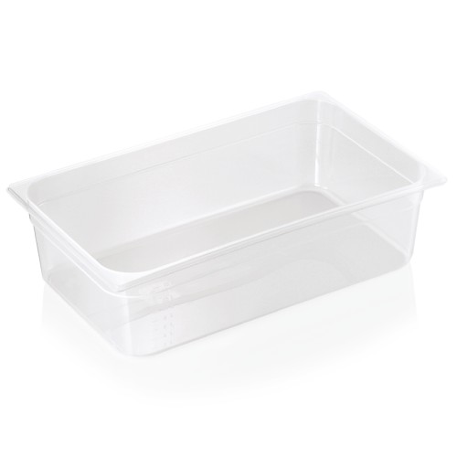 GN 1/1 Behälter, BPA frei, Deckel fest schließend, Behälter und Deckel können mit HACCP Clips farbig markiert werden, mit Skalierung.