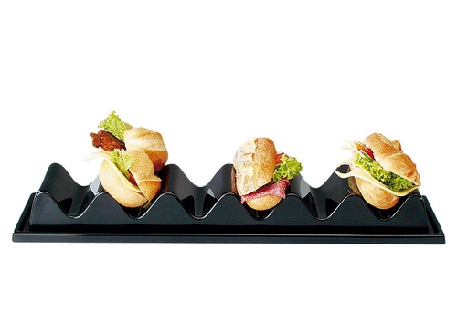 Snackpresenter - 3 Mulden 29 x 19 cm, H: 6,5 cm Polystyrol, schwarz mit Saftrille, mit Griffmulde Farbe: Schwarz nicht