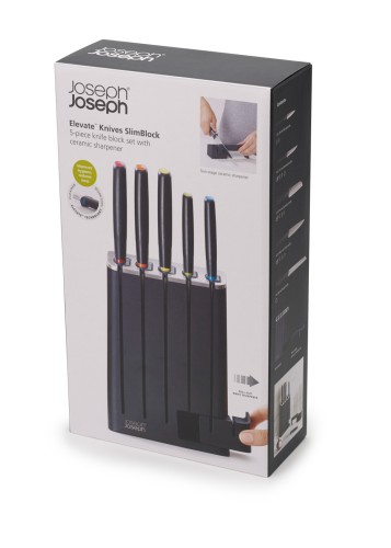 Joseph Joseph Elevate Knives SlimBlock 5-teiliges Messer-Set mit Keramikschleifstein – Schwarz