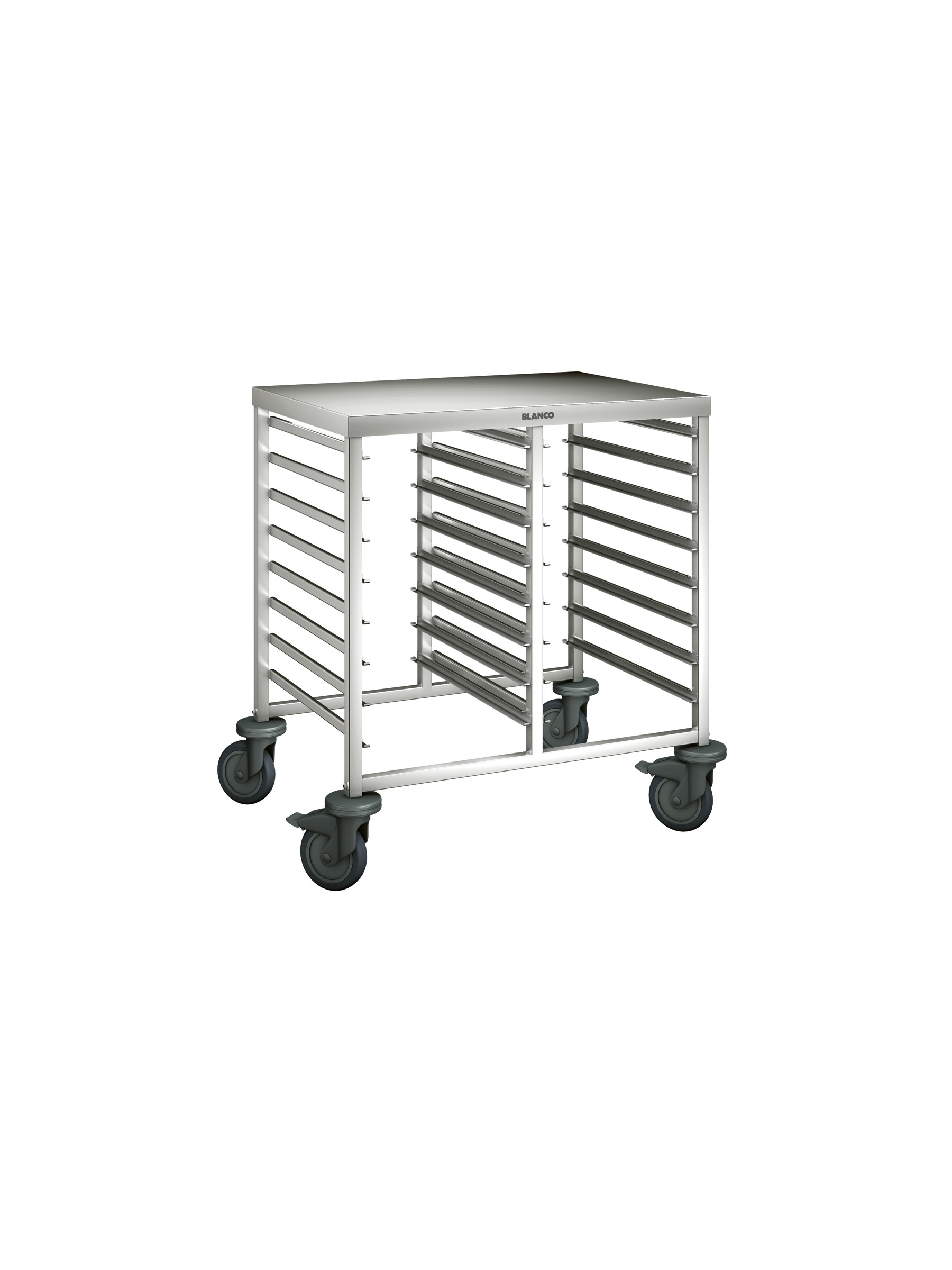 BLANCO Regalwagen a. rostfreiem Edelstahl mit Kunststoffrollen, 2-teilig, mit Arbeitsplatte, Auflagenpaare: 16 Paar, Auflagenabstand: 73 mm,