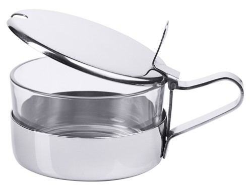 Marmeladendose aus Edelstahl 18/10, hochglänzend, mit schwerem glattem Glaseinsatz, Scharnier-Deckel mit Löffelausschnitt Volumen: