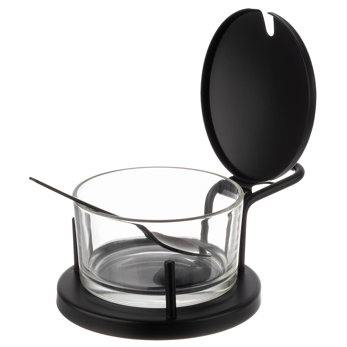 Parmesan-Menage -CLASSIC-, Ø 11 cm, H: 7 cm, Glas, Edelstahl, schwarz, inklusive Löffel, 0,18 Liter