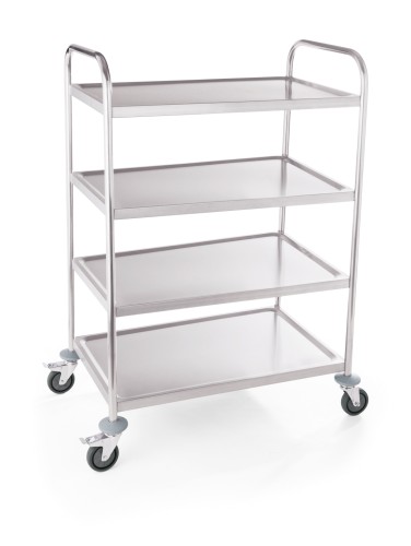 Servierwagen mit vier Borden. 4 Borde. Edelstahl. 4 schwenkbare Rollen mit Rammschutz,