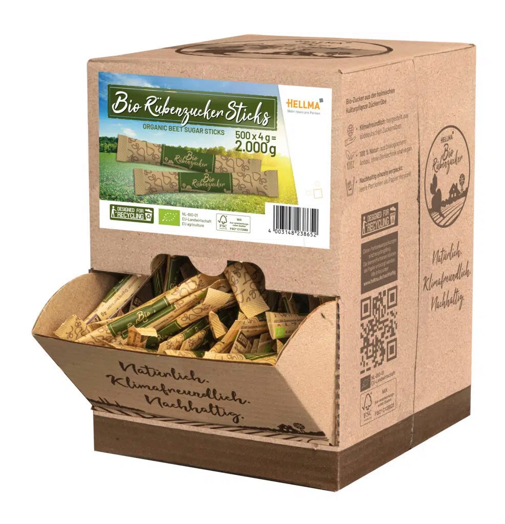 500 Bio Rübenzucker-Sticks a 4g in der Spenderbox, in nachhaltiger, recyclbarer Verpackung, Länge 190mm, Breite 175mm, Höhe 250mm,