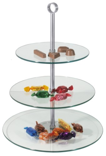 Glas-Etagere flache gehärtete Glasscheiben in einem Edelstahlgestell mit Tragering Durchmesser: 21 cm / 25 cm / 30 cm,