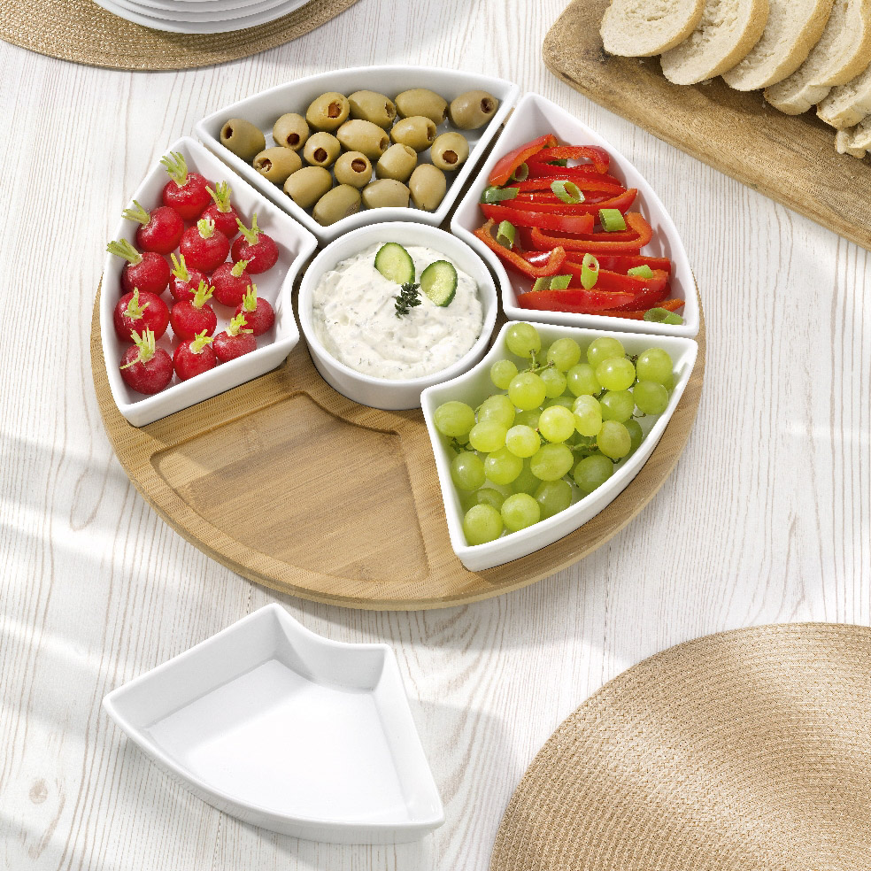 Servierset SUSAN, 7- tlg., drehbares Tablett aus Bambus-Holz - Durchmesser 34,5 cm, mit 6 Schalen aus weissem Porzellan.
