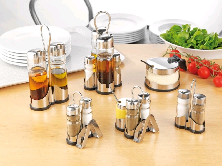 Menage Salz/Pfeffer 3-tlg. NEW LINE, Länge: 8 cm, Breite: 3,5 cm, Höhe: 12 cm, Gestell Edelstahl 18/0 mit schwarzem Kunststoff-