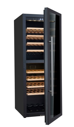 SARO Weinlagerschrank für 77 Flaschen, 2 Zonen, Modell WK 77 D - Material: (Gehäuse) Stahl pulverbeschichtet, schwarz; (Innenraum)