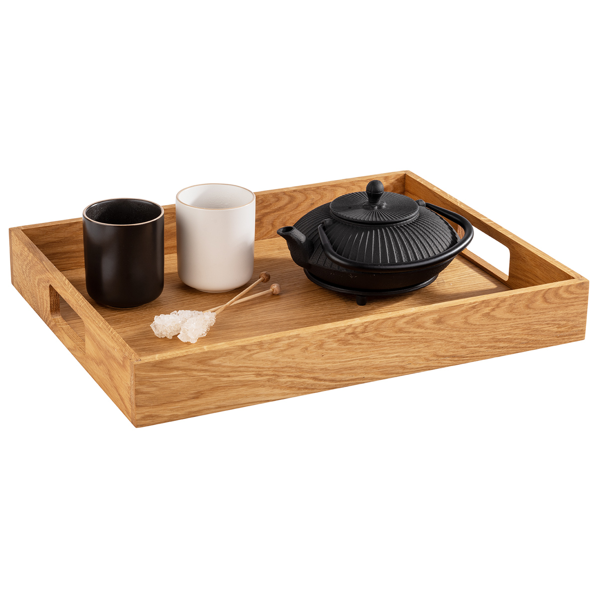 Serviertablett, 45 x 35 cm, H: 6 cm, Eichenholz, geölt, mit 2 Griffmulden