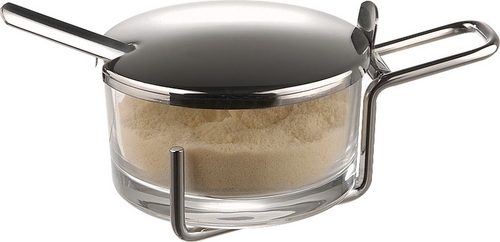 Parmesan-Menage -PROFI- Ø 9 cm, H: 5,5 cm Glas, Metall verchromt mit 18/8 Edelstahldeckel inklusive Löffel aus 18/8 Edelstahl