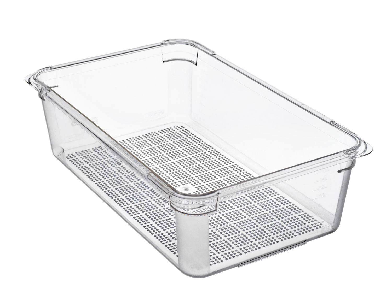 ARAVEN perforierter Polycarbonat Behälter GN 1/1 150mm Höhe und 20 Liter Fassungsvermögen, durchsichtig