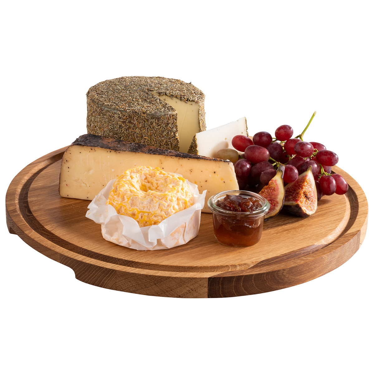 Servierbrett -PIZZA-, Ø 34 cm, H: 2 cm, Eichenholz, geölt, mit Saftrinne, mit 2 Griffmulden