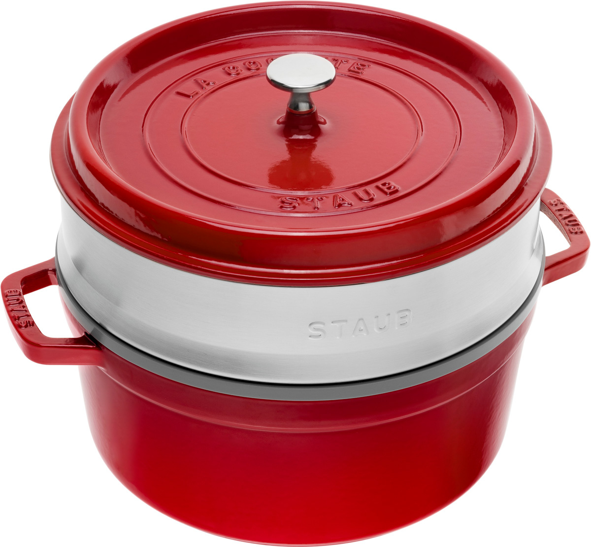 Cocotte mit Dämpfeinsatz, 24 cm, Kirsch-Rot, rund, Gusseisen, Serie: La Cocotte. Marke: Staub
