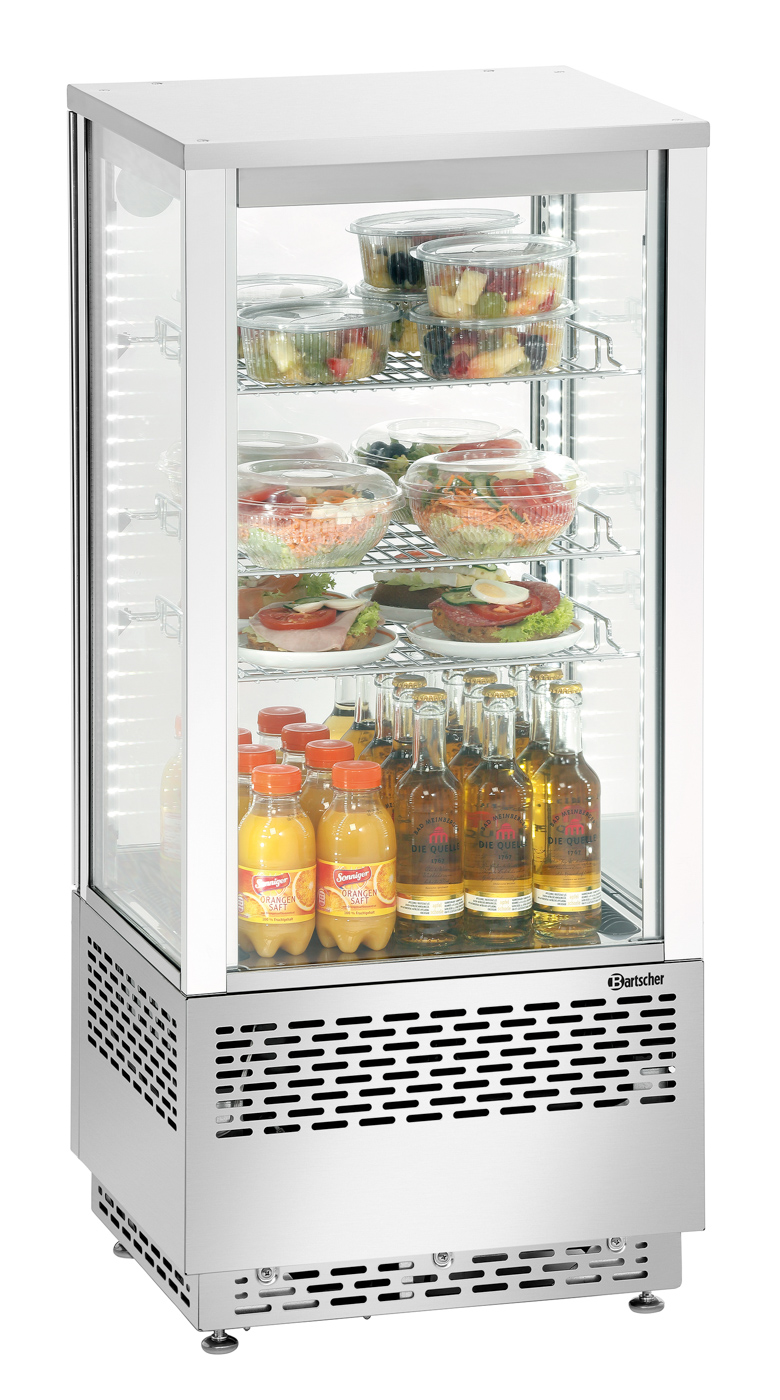 Bartscher Mini-Kühlvitrine 78L, Edelstahl | Artder Verglasung: Doppel-Verglasung | Maße: 43 x 39x 98,6 cm. Gewicht: 41,8 kg