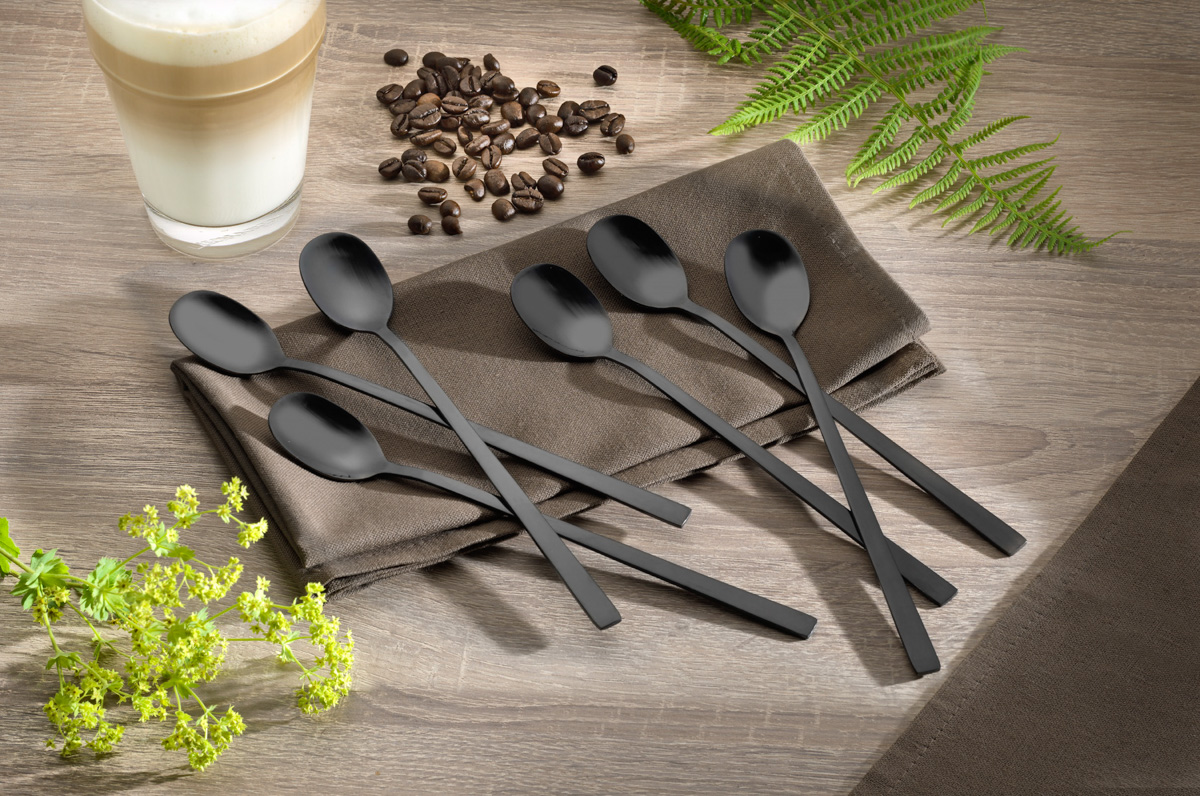 6er Pack Langstiel-Löffel MELINA, Edelstahl, mit PVD-Beschichtung, Farbe: schwarz. Edelstahl 18/10, poliert, Materialstärke: 2.0 mm