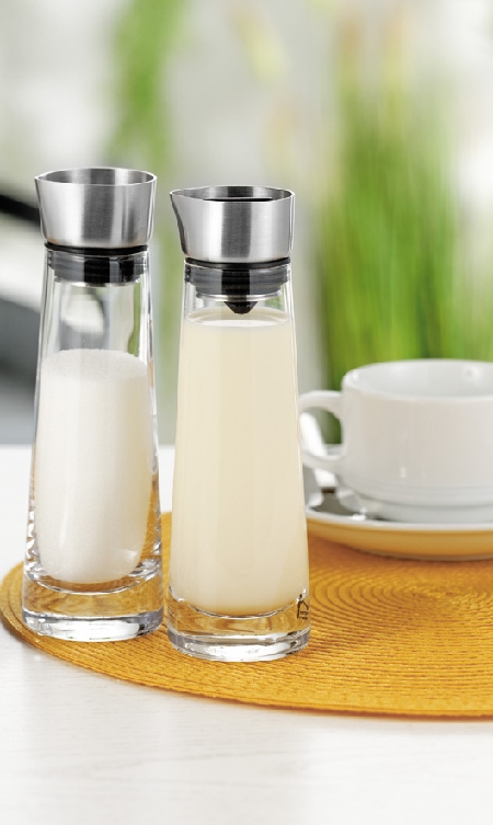 Blomus Zucker- und Sahne-Set MACCHIATO, Höhe: 170 mm, Durchmesser: 55 mm aus Edelstahl und Klarglas, mit Silikondichtung.