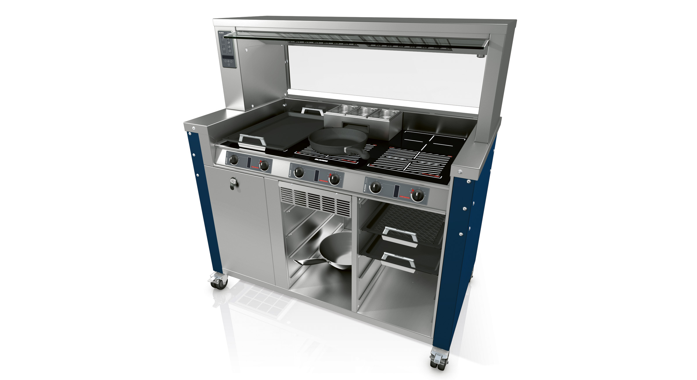BLANCO Kochstation mit drei integrierten Induktionskochfeldern, (6 Kochzonen), fahrbar, Rollen ø 75 mm, 4 Lenk-Zwillingsrollen, davon 2