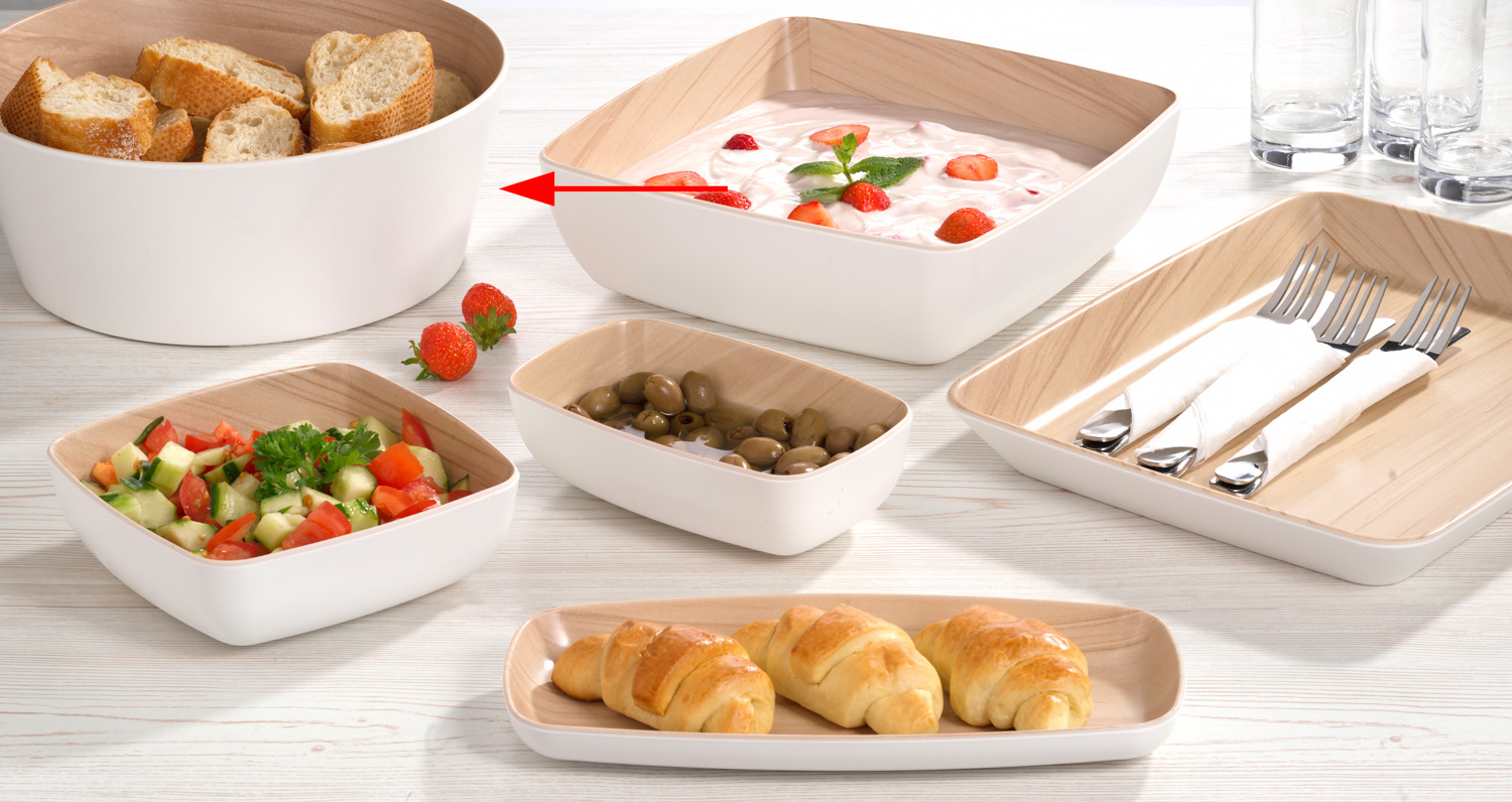 APS Schale CATE, Inhalt: 3,4 Liter, Durchmesser: 265 mm, Höhe: 105 mm, Farbe: weiß mit Holzoptik, aus robustem Melamin-Kunststoff