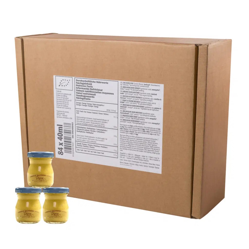 Minigläser Bio Dijon Senf 84 Stück a 40ml, Glutenfrei, Zucker- und Salzreduziert