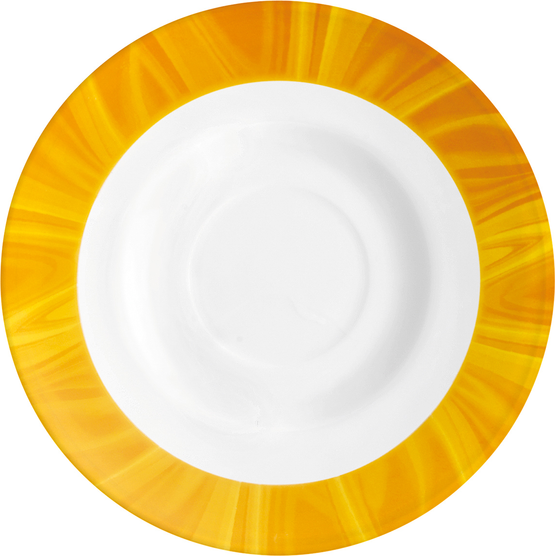 Untertasse NATURA mit gelbem Muster. Durchmesser 14 cm, aus Opalglas. Von Bormioli Rocco.