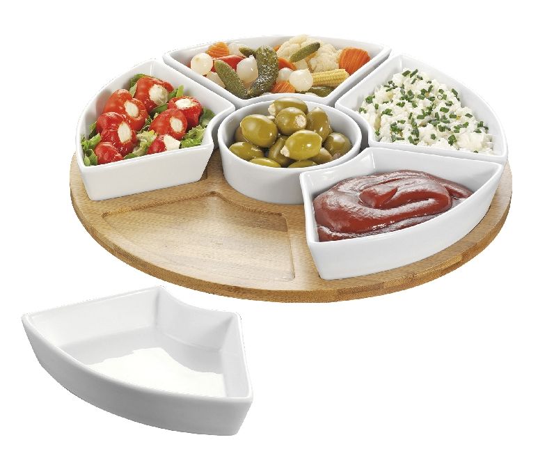 Servierset SUSAN, 7- tlg., drehbares Tablett aus Bambus-Holz - Durchmesser 34,5 cm, mit 6 Schalen aus weissem Porzellan.