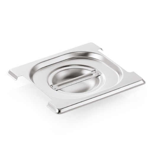 GN 1/6 Deckel, Materialstärke 0,6 mm, mit Aussparung für Fallgriffe. Material: Chromnickelstahl. Serie: GN 73.