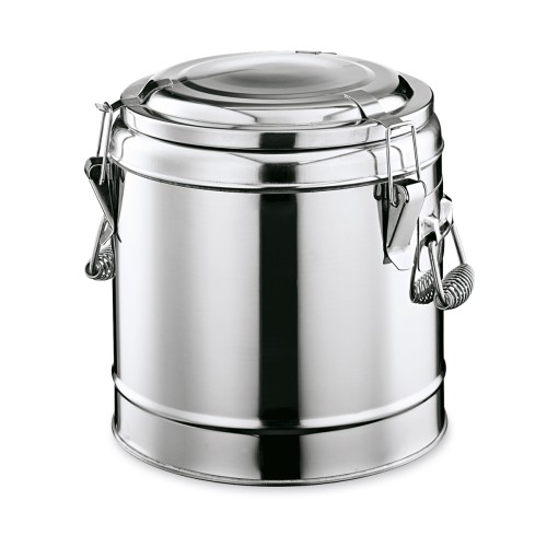 Thermospeisetransportbehälter, mit 3 Verschlussklammern und 2 Fallgriffen, Deckel mit Dichtung. Material: Chromnickelstahl. Inhalt in