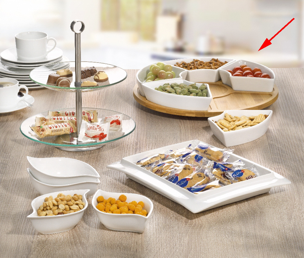 Servierset SUSAN, 7- tlg., drehbares Tablett aus Bambus-Holz - Durchmesser 34,5 cm, mit 6 Schalen aus weissem Porzellan.